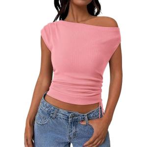 imagePRETTYGARDEN Womens 2025 Summer Off The Shoulder Crop Cute Tops Sleeveless One Shoulder Ruched Y2K Going Out Tank TopPink