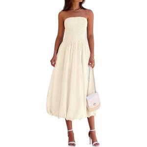 imagePRETTYGARDEN Womens 2025 Summer Strapless Tube Midi Dress Smocked A Line Bubble Long Flowy Casual Elegant Party DressesBeige