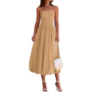 imagePRETTYGARDEN Womens 2025 Summer Strapless Tube Midi Dress Smocked A Line Bubble Long Flowy Casual Elegant Party DressesKhaki