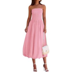 imagePRETTYGARDEN Womens 2025 Summer Strapless Tube Midi Dress Smocked A Line Bubble Long Flowy Casual Elegant Party DressesPink