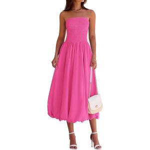 imagePRETTYGARDEN Womens 2025 Summer Strapless Tube Midi Dress Smocked A Line Bubble Long Flowy Casual Elegant Party DressesRose Red