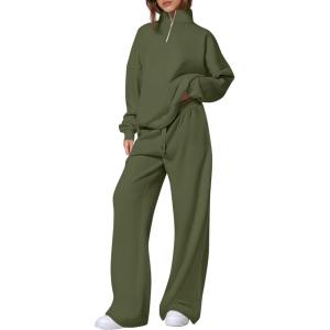 imagePRETTYGARDEN Womens Casual Two Piece Sets Fall 2025 Outfits Quarter Zip Sweatshirts Straight Leg Pants Sweatsuits TracksuitArmy Green