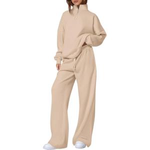 imagePRETTYGARDEN Womens Casual Two Piece Sets Fall 2025 Outfits Quarter Zip Sweatshirts Straight Leg Pants Sweatsuits TracksuitBeige