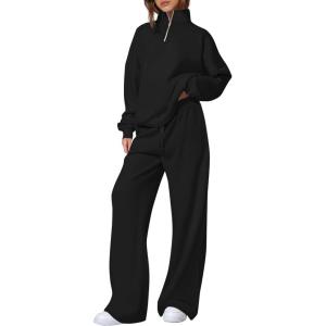 imagePRETTYGARDEN Womens Casual Two Piece Sets Fall 2025 Outfits Quarter Zip Sweatshirts Straight Leg Pants Sweatsuits TracksuitBlack