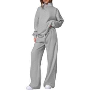 imagePRETTYGARDEN Womens Casual Two Piece Sets Fall 2025 Outfits Quarter Zip Sweatshirts Straight Leg Pants Sweatsuits TracksuitGrey