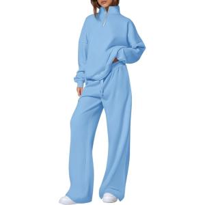 imagePRETTYGARDEN Womens Casual Two Piece Sets Fall 2025 Outfits Quarter Zip Sweatshirts Straight Leg Pants Sweatsuits TracksuitLight Blue