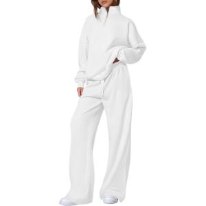 imagePRETTYGARDEN Womens Casual Two Piece Sets Fall 2025 Outfits Quarter Zip Sweatshirts Straight Leg Pants Sweatsuits TracksuitWhite