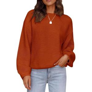 imagePRETTYGARDEN Womens Fall Sweaters 2025 Casual Loose Crewneck Ribbed Long Sleeve Top Knit Pullover SweaterRust Red