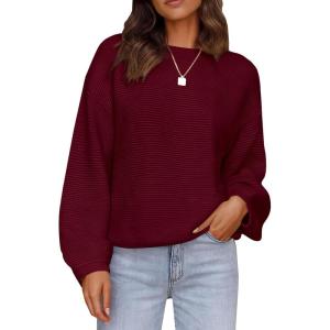 imagePRETTYGARDEN Womens Fall Sweaters 2025 Casual Loose Crewneck Ribbed Long Sleeve Top Knit Pullover SweaterWine Red