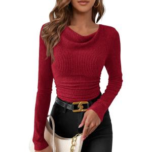 imagePRETTYGARDEN Womens Long Sleeve Cowl Neck Ribbed Knit Fall Shirts Slim Fit Ruched Going Out Crop Tops Basic TShirtsRed