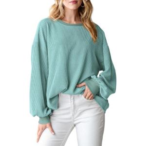imagePRETTYGARDEN Womens Long Sleeve Tops 2025 Fall Fashion Shirts Trendy Clothes Casual Loose Crewneck Ribbed Knit Tunic BlouseBean Green