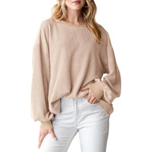 imagePRETTYGARDEN Womens Long Sleeve Tops 2025 Fall Fashion Shirts Trendy Clothes Casual Loose Crewneck Ribbed Knit Tunic BlouseBeige