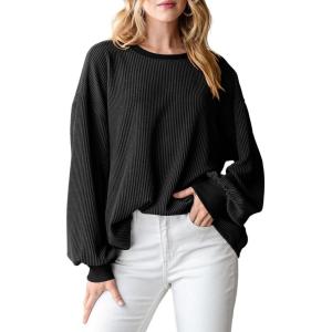 imagePRETTYGARDEN Womens Long Sleeve Tops 2025 Fall Fashion Shirts Trendy Clothes Casual Loose Crewneck Ribbed Knit Tunic BlouseBlack