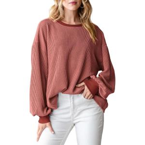 imagePRETTYGARDEN Womens Long Sleeve Tops 2025 Fall Fashion Shirts Trendy Clothes Casual Loose Crewneck Ribbed Knit Tunic BlouseBrick Red