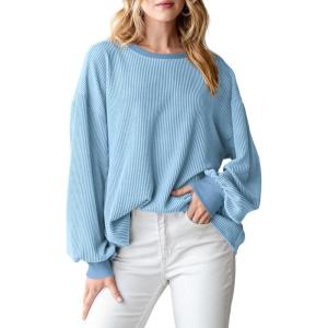 imagePRETTYGARDEN Womens Long Sleeve Tops 2025 Fall Fashion Shirts Trendy Clothes Casual Loose Crewneck Ribbed Knit Tunic BlouseLight Blue