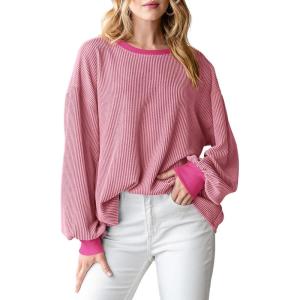 imagePRETTYGARDEN Womens Long Sleeve Tops 2025 Fall Fashion Shirts Trendy Clothes Casual Loose Crewneck Ribbed Knit Tunic BlousePink