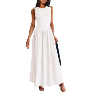 imagePRETTYGARDEN Womens Maxi Sundress Casual Summer 2025 Sleeveless Asymmetrical Drop Waist Patchwork Long Flowy Tank DressesBeige White