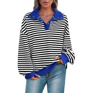 imagePRETTYGARDEN Womens Oversized Striped Sweatshirts Spring Fall Trendy Casual Long Sleeve Button Up Tops Shirt Preppy ClothesStriped Black White