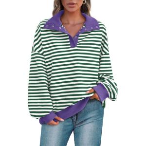 imagePRETTYGARDEN Womens Oversized Striped Sweatshirts Spring Fall Trendy Casual Long Sleeve Button Up Tops Shirt Preppy ClothesStriped Green White