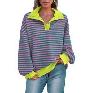 imagePRETTYGARDEN Womens Oversized Striped Sweatshirts Spring Fall Trendy Casual Long Sleeve Button Up Tops Shirt Preppy ClothesStriped Pink Green