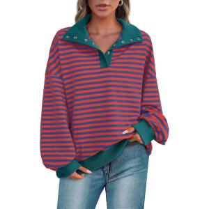 imagePRETTYGARDEN Womens Oversized Striped Sweatshirts Spring Fall Trendy Casual Long Sleeve Button Up Tops Shirt Preppy ClothesStriped Rust Red Blue