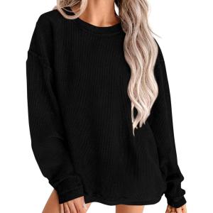 imagePRETTYGARDEN Womens Oversized Sweatshirt 2025 Fall Fashion Clothes Ribbed Corduroy Long Sleeve Going Out Pullover TopsBlack