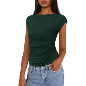 imagePRETTYGARDEN Womens Ruched Crop Tank Tops 2025 Summer Trendy Cap Sleeve Ribbed Knit Basic Fitted Going Out Tee ShirtsDark Green