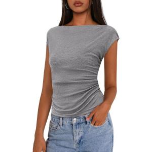 imagePRETTYGARDEN Womens Ruched Crop Tank Tops 2025 Summer Trendy Cap Sleeve Ribbed Knit Basic Fitted Going Out Tee ShirtsGrey