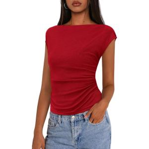 imagePRETTYGARDEN Womens Ruched Crop Tank Tops 2025 Summer Trendy Cap Sleeve Ribbed Knit Basic Fitted Going Out Tee ShirtsRed