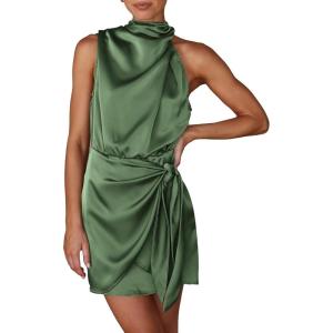 imagePRETTYGARDEN Womens Short Formal Satin Dress Summer Sleeveless Mock Neck Tie Waist Cocktail Party DressesArmy Green