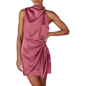 imagePRETTYGARDEN Womens Short Formal Satin Dress Summer Sleeveless Mock Neck Tie Waist Cocktail Party DressesDusty Pink