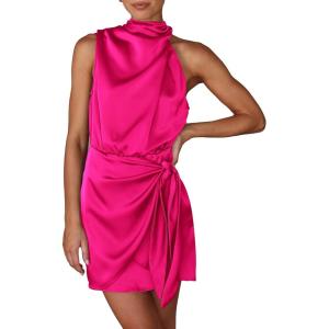 imagePRETTYGARDEN Womens Short Formal Satin Dress Summer Sleeveless Mock Neck Tie Waist Cocktail Party DressesRose Red