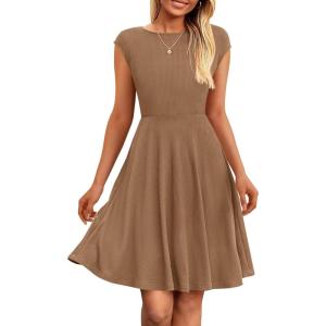 imagePRETTYGARDEN Womens Short Summer Dress 2025 Crewneck Cap Sleeve Ribbed Knit Casual Flowy A Line Mini Sundresses with PocketsBrown