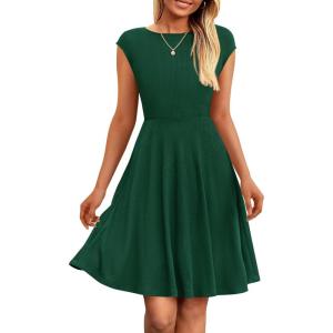 imagePRETTYGARDEN Womens Short Summer Dress 2025 Crewneck Cap Sleeve Ribbed Knit Casual Flowy A Line Mini Sundresses with PocketsDeep Green