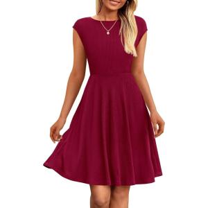 imagePRETTYGARDEN Womens Short Summer Dress 2025 Crewneck Cap Sleeve Ribbed Knit Casual Flowy A Line Mini Sundresses with PocketsWine Red
