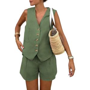 imagePRETTYGARDEN Womens Summer 2 Piece Outfits Sleeveless Matching Sets Button Down V Neck Vest Waistcoat and Pockets ShortsArmy Green