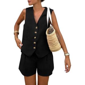 imagePRETTYGARDEN Womens Summer 2 Piece Outfits Sleeveless Matching Sets Button Down V Neck Vest Waistcoat and Pockets ShortsBlack