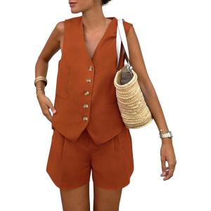 imagePRETTYGARDEN Womens Summer 2 Piece Outfits Sleeveless Matching Sets Button Down V Neck Vest Waistcoat and Pockets ShortsBrick Red