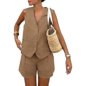 imagePRETTYGARDEN Womens Summer 2 Piece Outfits Sleeveless Matching Sets Button Down V Neck Vest Waistcoat and Pockets ShortsCoffee