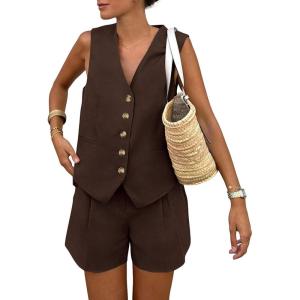 imagePRETTYGARDEN Womens Summer 2 Piece Outfits Sleeveless Matching Sets Button Down V Neck Vest Waistcoat and Pockets ShortsDark Coffee