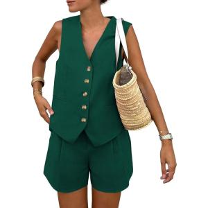 imagePRETTYGARDEN Womens Summer 2 Piece Outfits Sleeveless Matching Sets Button Down V Neck Vest Waistcoat and Pockets ShortsDark Green