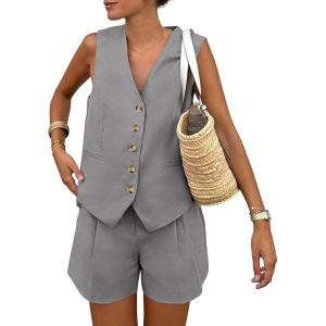 imagePRETTYGARDEN Womens Summer 2 Piece Outfits Sleeveless Matching Sets Button Down V Neck Vest Waistcoat and Pockets ShortsGrey