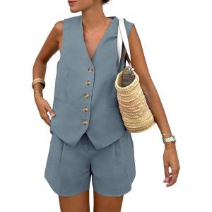 imagePRETTYGARDEN Womens Summer 2 Piece Outfits Sleeveless Matching Sets Button Down V Neck Vest Waistcoat and Pockets ShortsGrey Blue
