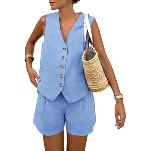 imagePRETTYGARDEN Womens Summer 2 Piece Outfits Sleeveless Matching Sets Button Down V Neck Vest Waistcoat and Pockets ShortsLight Blue