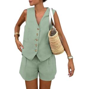 imagePRETTYGARDEN Womens Summer 2 Piece Outfits Sleeveless Matching Sets Button Down V Neck Vest Waistcoat and Pockets ShortsLight Green