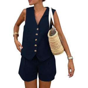 imagePRETTYGARDEN Womens Summer 2 Piece Outfits Sleeveless Matching Sets Button Down V Neck Vest Waistcoat and Pockets ShortsNavy
