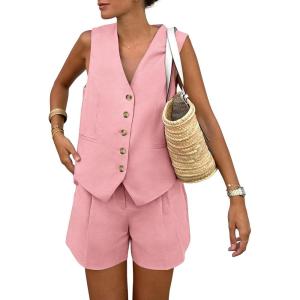 imagePRETTYGARDEN Womens Summer 2 Piece Outfits Sleeveless Matching Sets Button Down V Neck Vest Waistcoat and Pockets ShortsPink