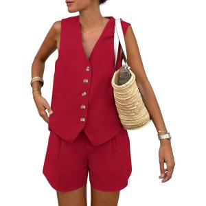 imagePRETTYGARDEN Womens Summer 2 Piece Outfits Sleeveless Matching Sets Button Down V Neck Vest Waistcoat and Pockets ShortsRed