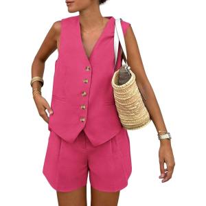 imagePRETTYGARDEN Womens Summer 2 Piece Outfits Sleeveless Matching Sets Button Down V Neck Vest Waistcoat and Pockets ShortsRose Red