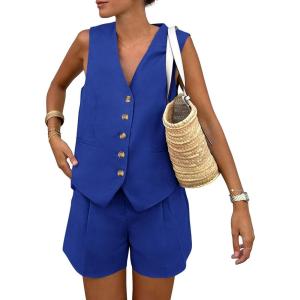 imagePRETTYGARDEN Womens Summer 2 Piece Outfits Sleeveless Matching Sets Button Down V Neck Vest Waistcoat and Pockets ShortsRoyal Blue